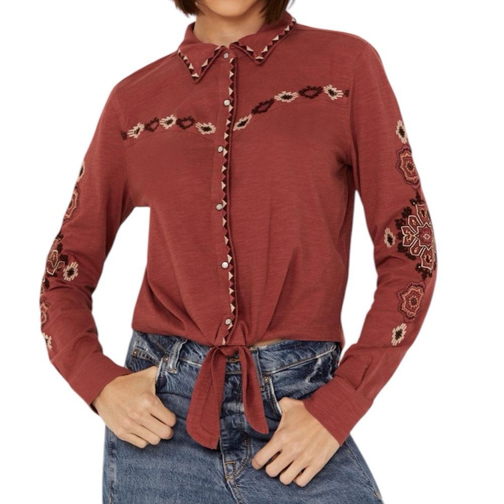 Shyanne embroidered long sleeve tie front pearl snap top